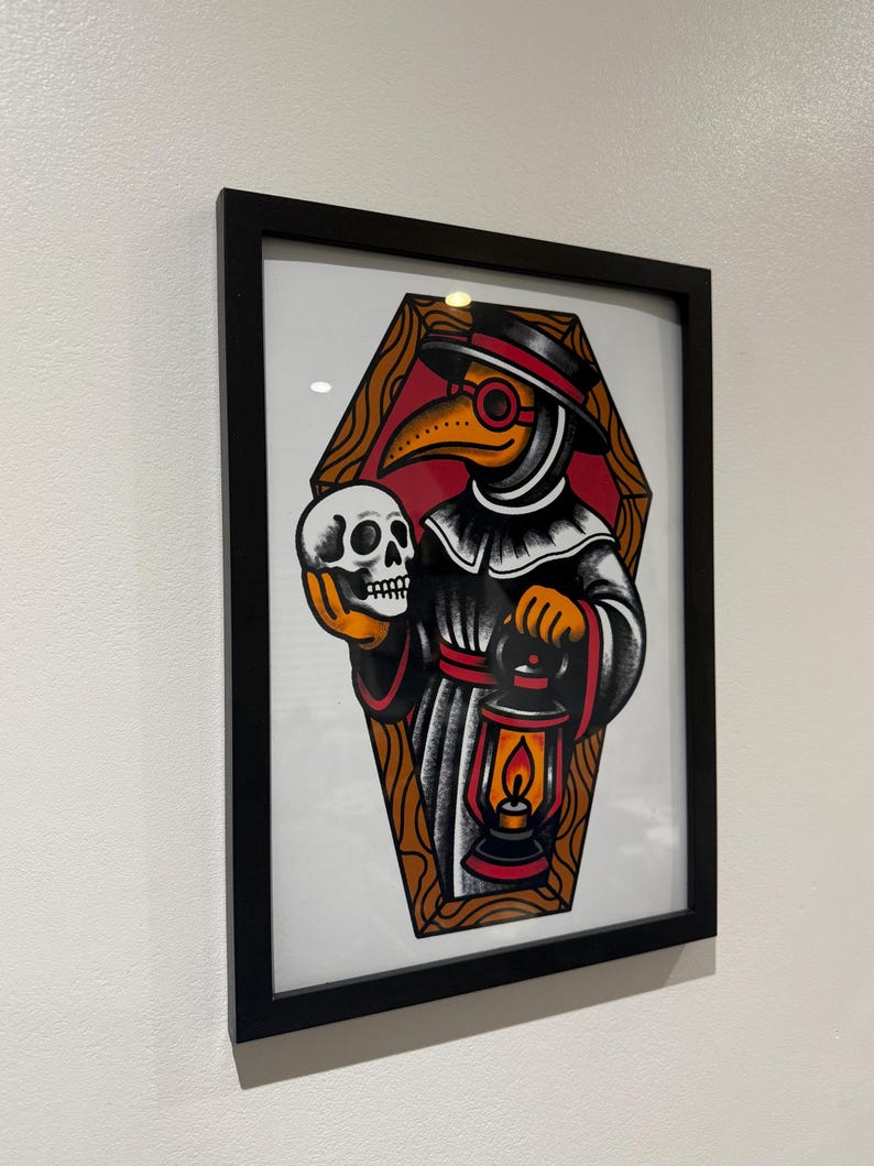 Plague Doctor Art Print – A4 & A5 American Traditional Tattoo Style – Gothic Flash Illustration – Bold Wall Art – Unframed Creepy Decor image 6