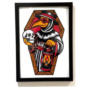 Plague Doctor Art Print – A4 & A5 American Traditional Tattoo Style – Gothic Flash Illustration – Bold Wall Art – Unframed Creepy Decor image 1