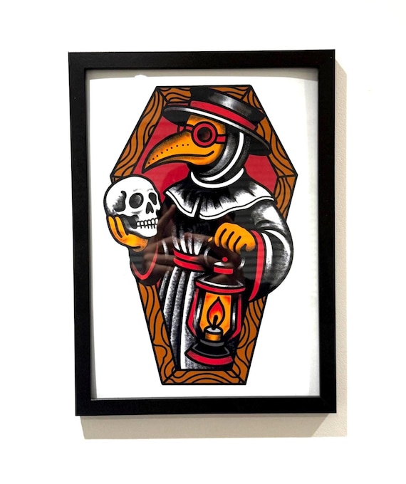 Plague Doctor Art Print – A4 & A5 American Traditional Tattoo Style – Gothic Flash Illustration – Bold Wall Art – Unframed Creepy Decor