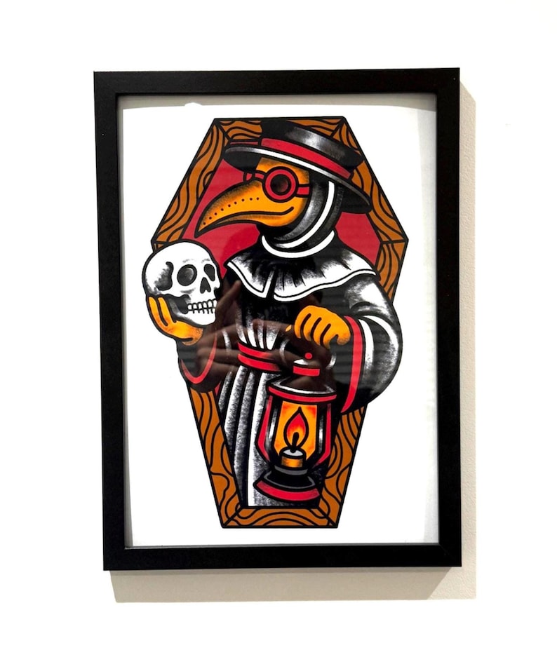 Plague Doctor Art Print – A4 & A5 American Traditional Tattoo Style – Gothic Flash Illustration – Bold Wall Art – Unframed Creepy Decor image 1