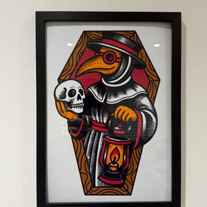 Plague Doctor Art Print – A4 & A5 American Traditional Tattoo Style – Gothic Flash Illustration – Bold Wall Art – Unframed Creepy Decor image 5