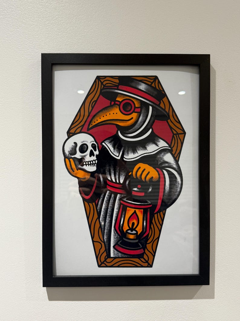 Plague Doctor Art Print – A4 & A5 American Traditional Tattoo Style – Gothic Flash Illustration – Bold Wall Art – Unframed Creepy Decor image 5