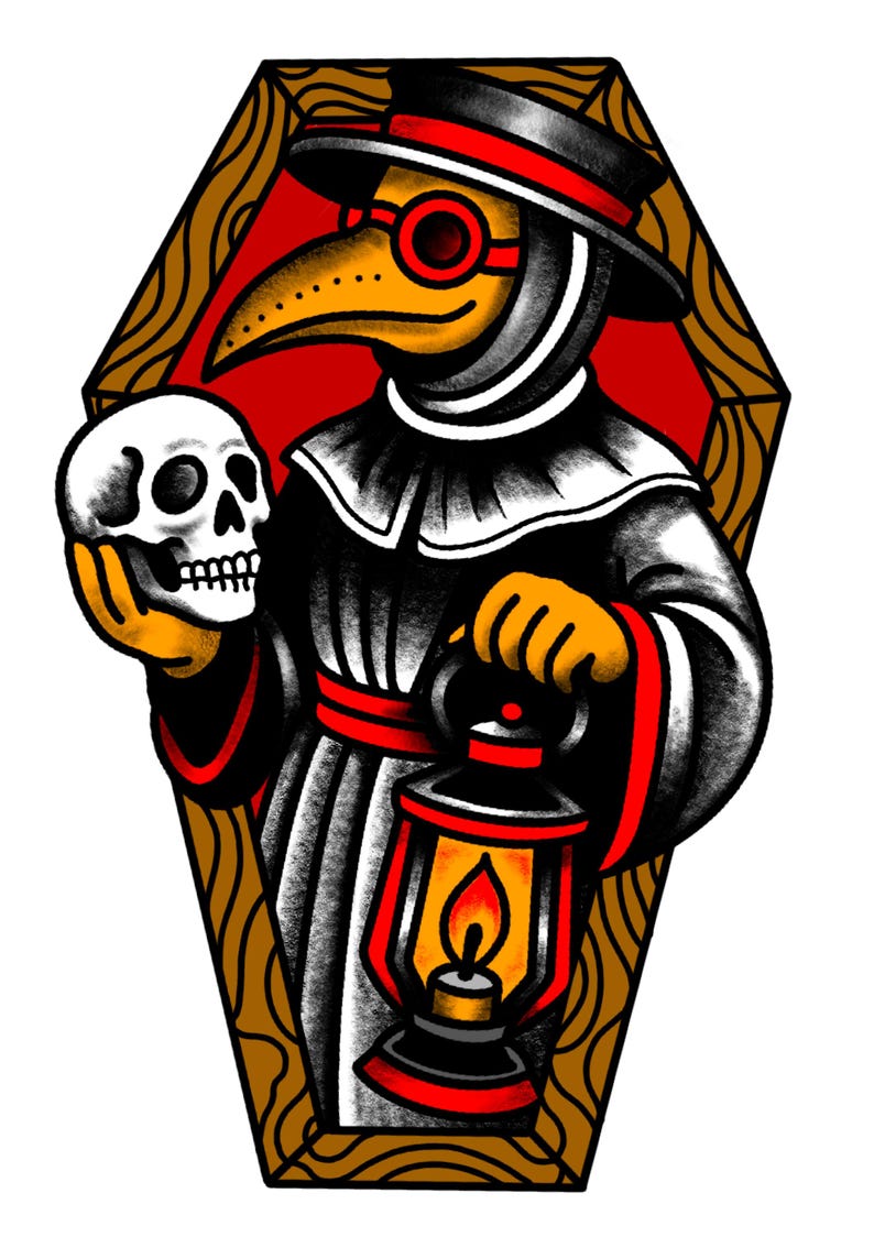 Plague Doctor Art Print – A4 & A5 American Traditional Tattoo Style – Gothic Flash Illustration – Bold Wall Art – Unframed Creepy Decor image 2