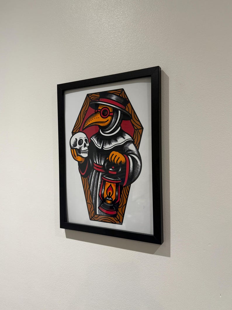 Plague Doctor Art Print – A4 & A5 American Traditional Tattoo Style – Gothic Flash Illustration – Bold Wall Art – Unframed Creepy Decor image 3