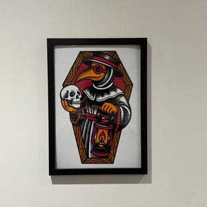 Plague Doctor Art Print – A4 & A5 American Traditional Tattoo Style – Gothic Flash Illustration – Bold Wall Art – Unframed Creepy Decor image 4