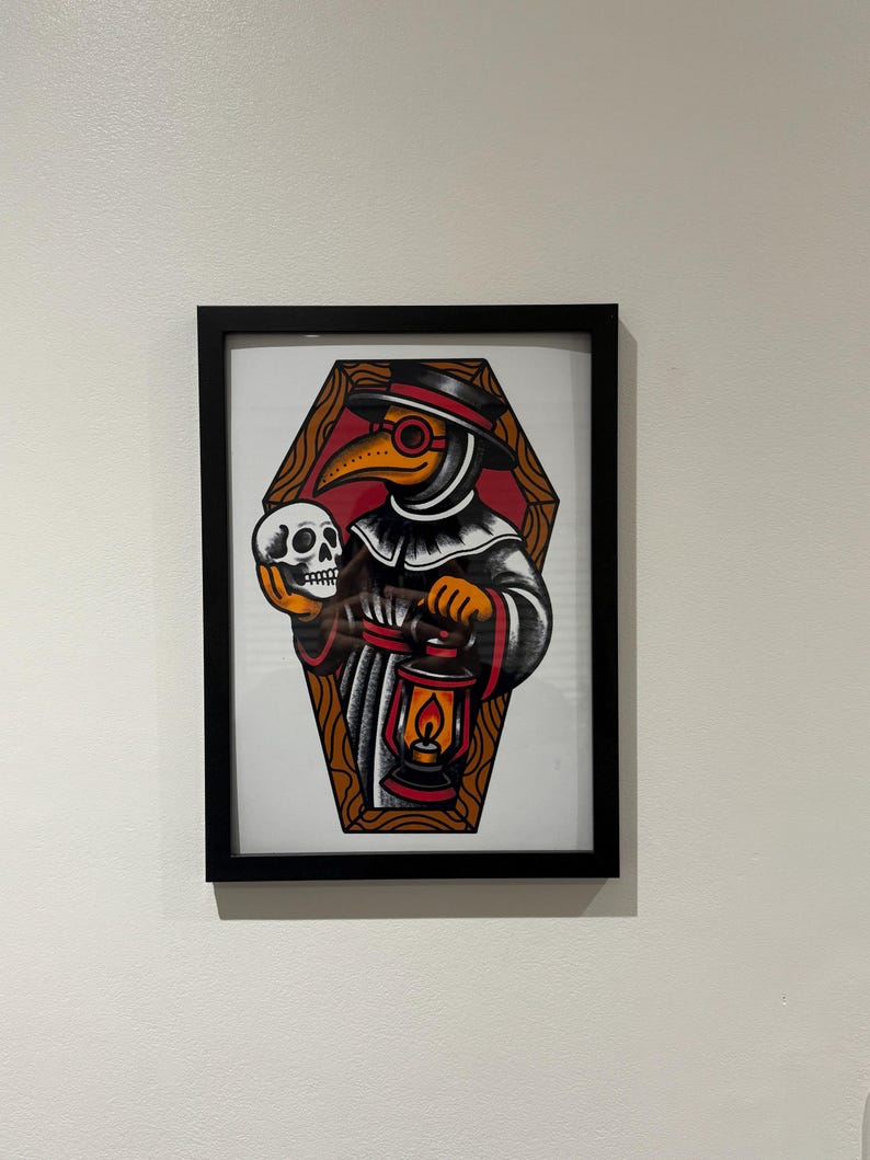 Plague Doctor Art Print – A4 & A5 American Traditional Tattoo Style – Gothic Flash Illustration – Bold Wall Art – Unframed Creepy Decor image 4