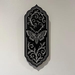 Death Moth Gothic Wall Panel – Tattoo-Inspired Moth Wood Plaque in Black & Copper or Silver (130mm x 340mm)