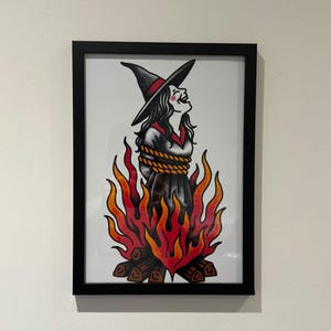 Witch Burning Art Print – A4 & A5 American Traditional Tattoo Style – Gothic Flash Illustration – Bold Occult Wall Decor – Unframed