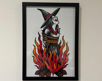 Lámina artística de bruja ardiendo – Estilo tatuaje tradicional americano (A4 y A5) – Ilustración gótica flash – Decoración de pared ocultista audaz – Sin marco