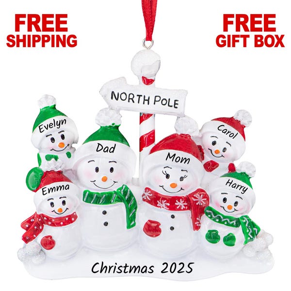 Snowman Family of 6 Christmas Ornament, Personalized Xmas Tree Decoration 2025, Snow Family of Six People Keepsake Gift, Custom Name Year