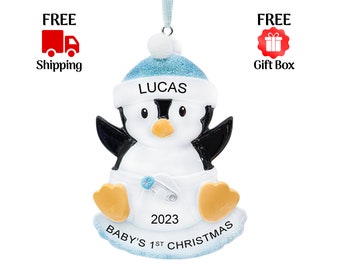 Baby's First Christmas Ornament, Personalized Baby Boy Ornament Penguin 2023, Custom New Baby Newborn Boy Grandbaby 1st Year Xmas Gift