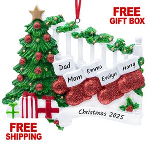 Bannister Stocking Family of 5 Christmas Ornament, Personalized Xmas Tree Decoration 2025, Family of Five People Gift, Custom Name Year