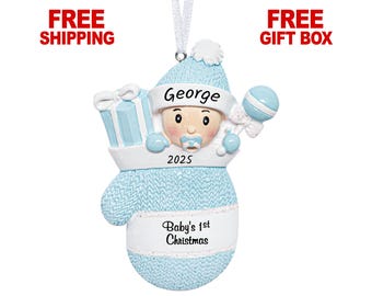 Baby's First Christmas Ornament, Personalized Baby Boy in Mitten Ornament 2025, New Baby Newborn Grandbaby 1st Year Keepsake, Custom Gift