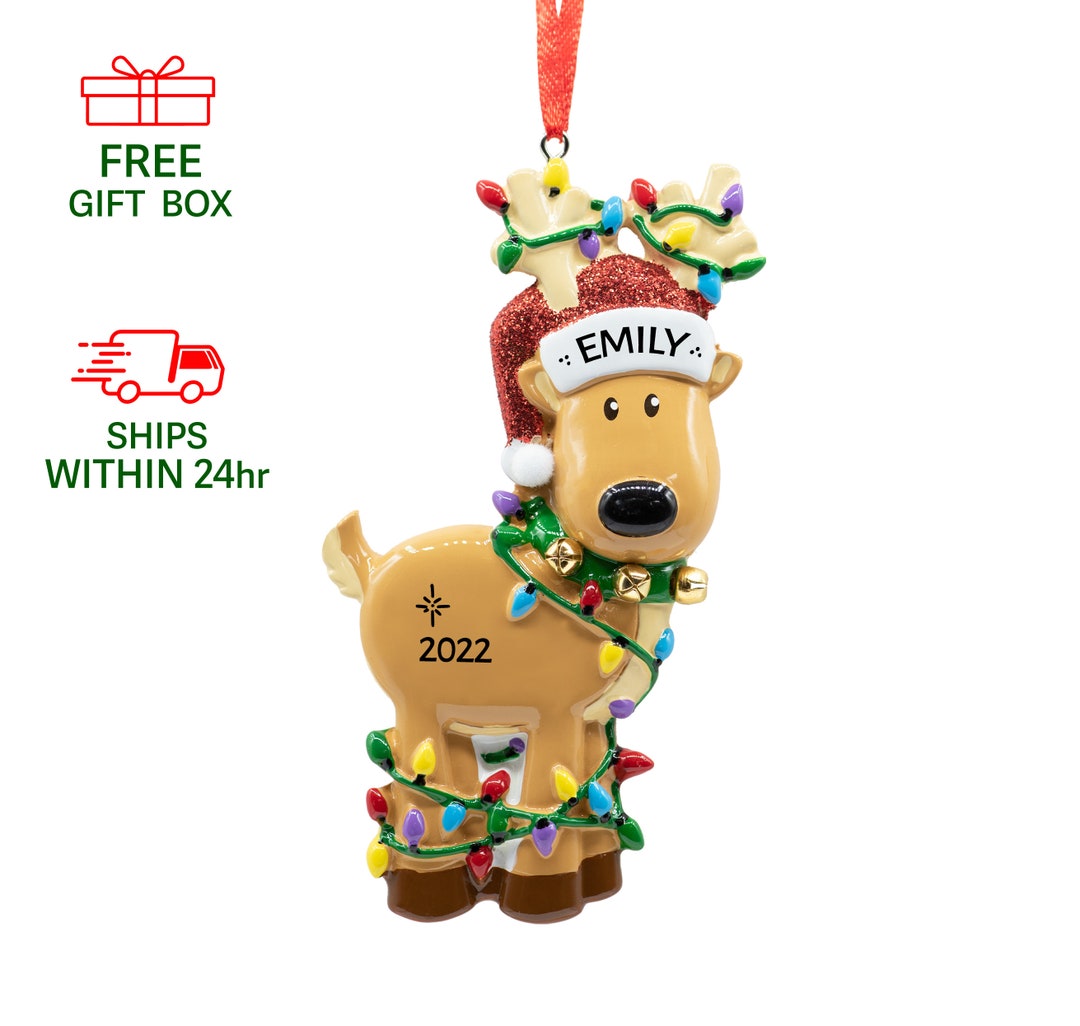 Personalized Deer Tangled in Lights Christmas Ornament 2023, Reindeer With Keepsake and Xmas