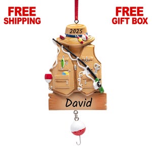 Personalized Fishing Christmas Ornament, Fisherman Jacket Ornament 2025, Fishing Vest with Fish Line Rod & Trapper, Custom Xmas Gift