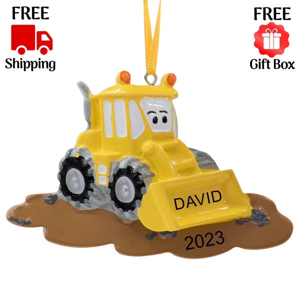 Personalized Bulldozer Christmas Ornament 2023, Yellow Backhoe Construction Digger Ornament, Custom Xmas Gift for Kids & Boys