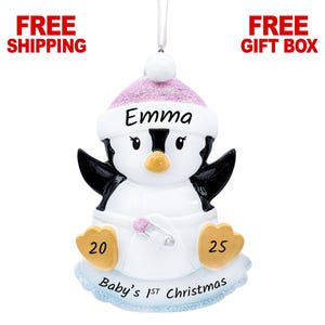 Baby's First Christmas Ornament, Personalized Baby Girl Ornament Penguin 2025, Custom New Baby Newborn Daughter Grandbaby 1st Year Xmas Gift image 1