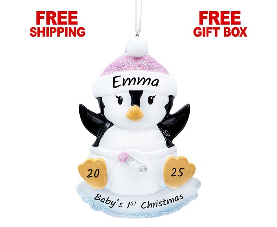 Baby's First Christmas Ornament, Personalized Baby Girl Ornament Penguin 2025, Custom New Baby Newborn Daughter Grandbaby 1st Year Xmas Gift