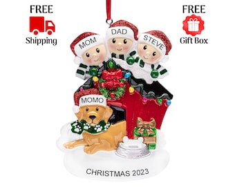 Family of 3 with Dog Ornament 2023, Personalized Family of 3 People & Puppy with Doghouse Christmas Ornament, Family of Three Keepsake Gift