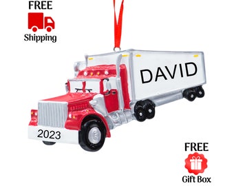 Personalized Semi Truck Christmas Ornament, Red Semi Trailer Truck - Freight Truck - Carrier Transport Vehicle, Custom Xmas Gift 2023