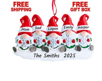 Gnomes Family of 5 Christmas Ornament, Personalized Xmas Tree Decoration 2025, Family of Five People Gnomes Gift, Custom Name Year