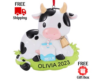 Personalized Cow Christmas Ornament, Customized Farm Barnyard Animal with Cow Print & Milk Xmas Tree Ornament, Custom Name Year Gift 2023