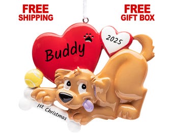 Dog Ornament, Personalized Dog Bone Christmas Ornament 2025, Dog Bone with Heart Decoration, Xmas Keepsake Gift for New Puppy Pet Lovers