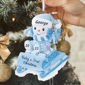 Personalized Snowman On A Sled Baby Boy Ornament 2025 Blue, Custom New Baby Newborn Grandbaby 1st Year Keepsake Gift image 4