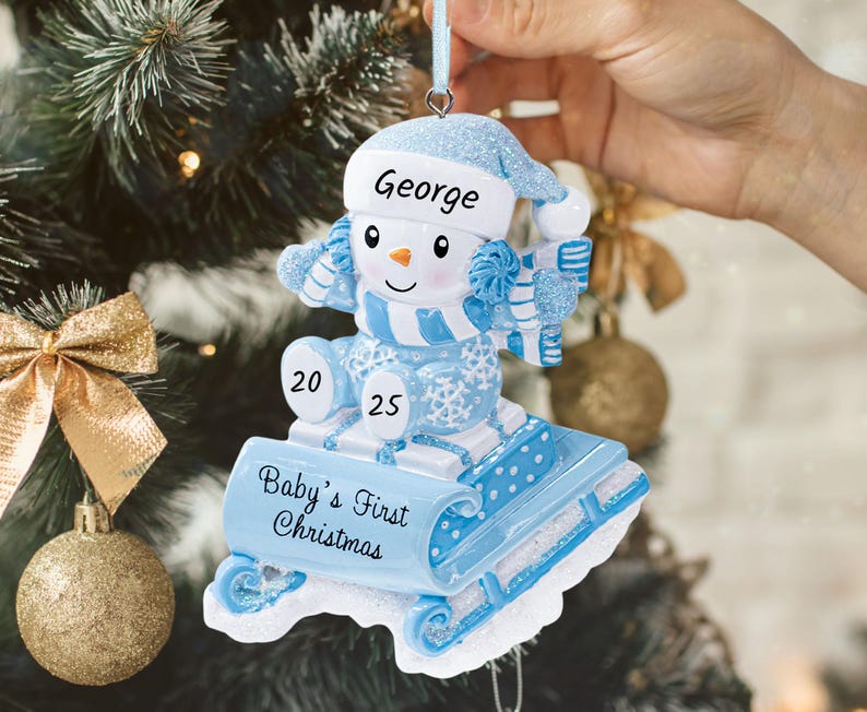 Personalized Snowman On A Sled Baby Boy Ornament 2025 Blue, Custom New Baby Newborn Grandbaby 1st Year Keepsake Gift image 4