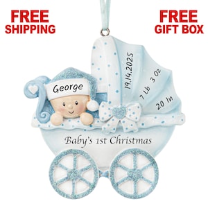 Baby&#39;s First Christmas Ornament, Personalized Baby Boy in Stroller Ornament with Birth Stats, 1st Year Keepsake, Newborn Baby Xmas Gift 2025