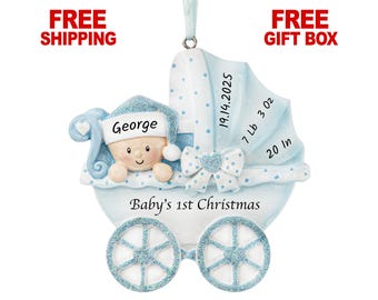 Baby's First Christmas Ornament, Personalized Baby Boy in Stroller Ornament with Birth Stats, 1st Year Keepsake, Newborn Baby Xmas Gift 2025