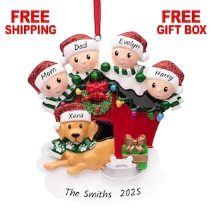 Family of 4 with Dog Ornament 2025, Personalized Family of 4 People & Puppy with Doghouse Christmas Ornament, Family of Four Keepsake Gift