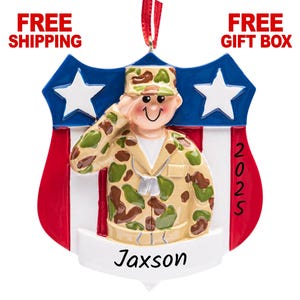 Personalized US Army Soldier Ornament 2025, United States Military Camouflage - Armed Forces Patriotic Salute Christmas Ornament, Xmas Gift