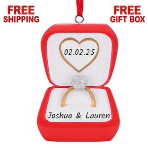 Personalized Our First Christmas Engaged Ornament, Custom Diamond Engagement Ring Box Xmas Ornament, She Said Yes Newly Fiance Gift 2025