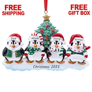 Penguin Family of 4 Christmas Ornament, Personalized Xmas Tree Decoration 2025, Family of Four People Keepsake Gift, Custom Name Year