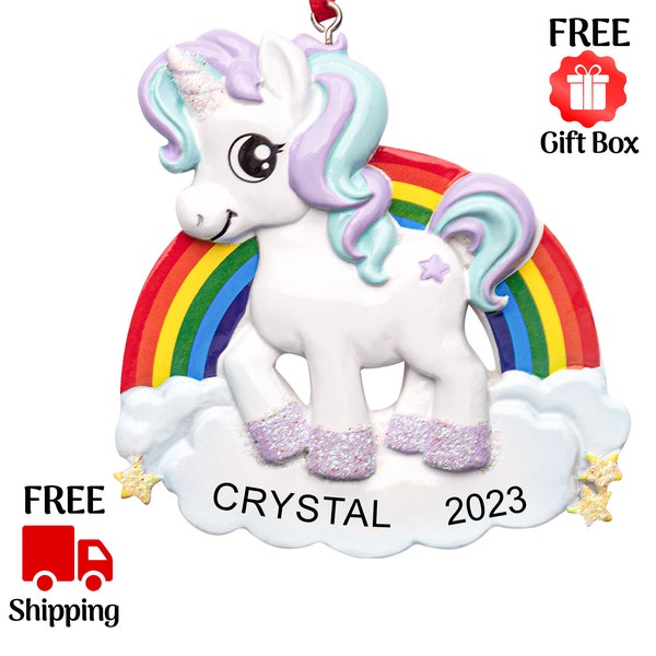 Personalized Unicorn Ornament, Unicorn with Rainbow & Clouds Christmas Ornament 2023, Custom Xmas Gift for Kids