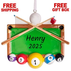 Personalized Pool Table Ornament 2025, Billiards Christmas Ornament with Pool Stick, Xmas Gift for Billiard Player Bar Games Snooker Lovers