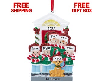 Family of 5 with Dog Ornament 2025, Personalized Family of 5 People & Puppy in New House Christmas Ornament, Family of Five Keepsake Gift