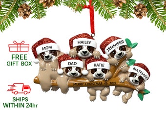 Sloth Family of 6 Christmas Ornament, Personalized Xmas Tree Decoration 2023, Keepsake Sloth Family of Six Keepsake Gift, Custom Name Year