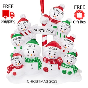 Personalized Snowman Family of 9 Ornament 2025, Customized North Pole Family of Nine People Christmas Ornament, Custom Name Year Xmas Gift