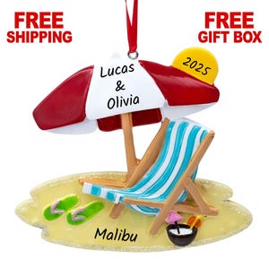 Personalized Beach Ornament, Beach Chair Sunbathing Christmas Ornament 2025, Beach Themed Ornament, Beach Vacation Custom Xmas Tree Gift