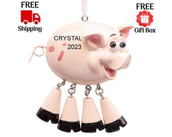 Personalized Pig Ornament 2023, Funny Piggy Christmas Ornament, Farmhouse Farm Animal Ornament for Xmas Tree, Custom Kids Gift