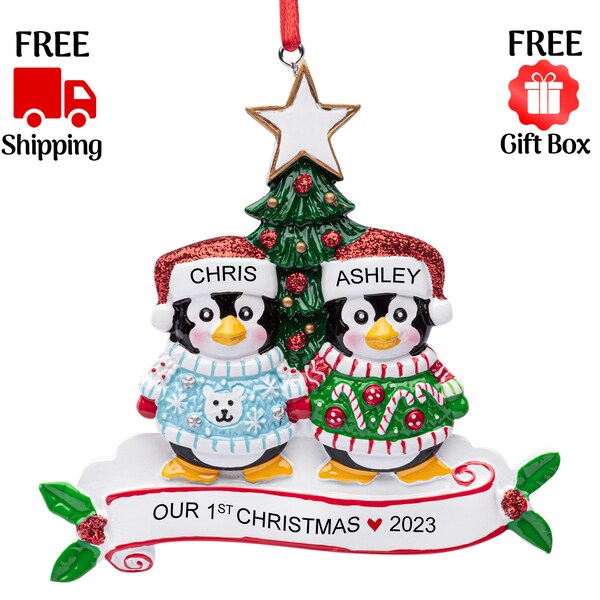 Personalized Ugly Sweater Couple Christmas Ornament 2023 , Personalized Penguin Couple Ornament 2023, Our First Christmas Together Ornament