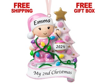 Baby's Second Christmas Ornament 2025, Personalized Baby Girl in Decorating Tree Ornament, Custom New Baby Newborn 2nd Year Xmas Gift