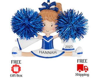 Personalized Cheerleader Christmas Ornament, Cheer Girl Dancer Cheerleading with Blue Pompom Ornament, Custom Xmas Gift for Pom Pom Girls