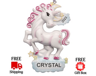 Personalized Sparkle Unicorn Christmas Ornament, Glitter Prancing Unicorn with Stars Xmas Tree Ornament, Custom Name Year Kids Gift 2023