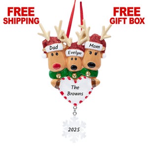 Reindeer Family of 3 Christmas Ornament, Personalized First Christmas as Family of Three People Keepsake 2025, Custom New Parents Xmas Gift