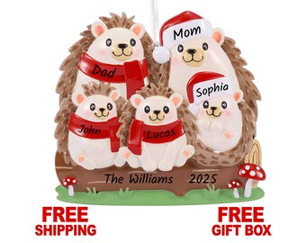 Hedgehog Family of 5 Christmas Ornament, Personalized Xmas Tree Decoration 2025, Hedgehog Family of Five Keepsake Gift, Custom Name Year