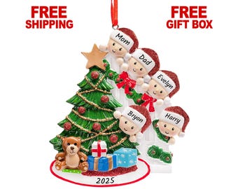 Peeking Family of 5 Christmas Ornament, Personalized Xmas Tree Decoration 2025, Family of Five People Keepsake Gift, Custom Name Year