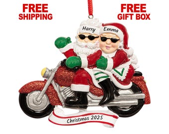 Personalized Motorcycle Mr and Mrs Santa Couple Ornament, Our First Christmas Together Ornament 2025, Custom 1st Xmas Family of 2 Gift
